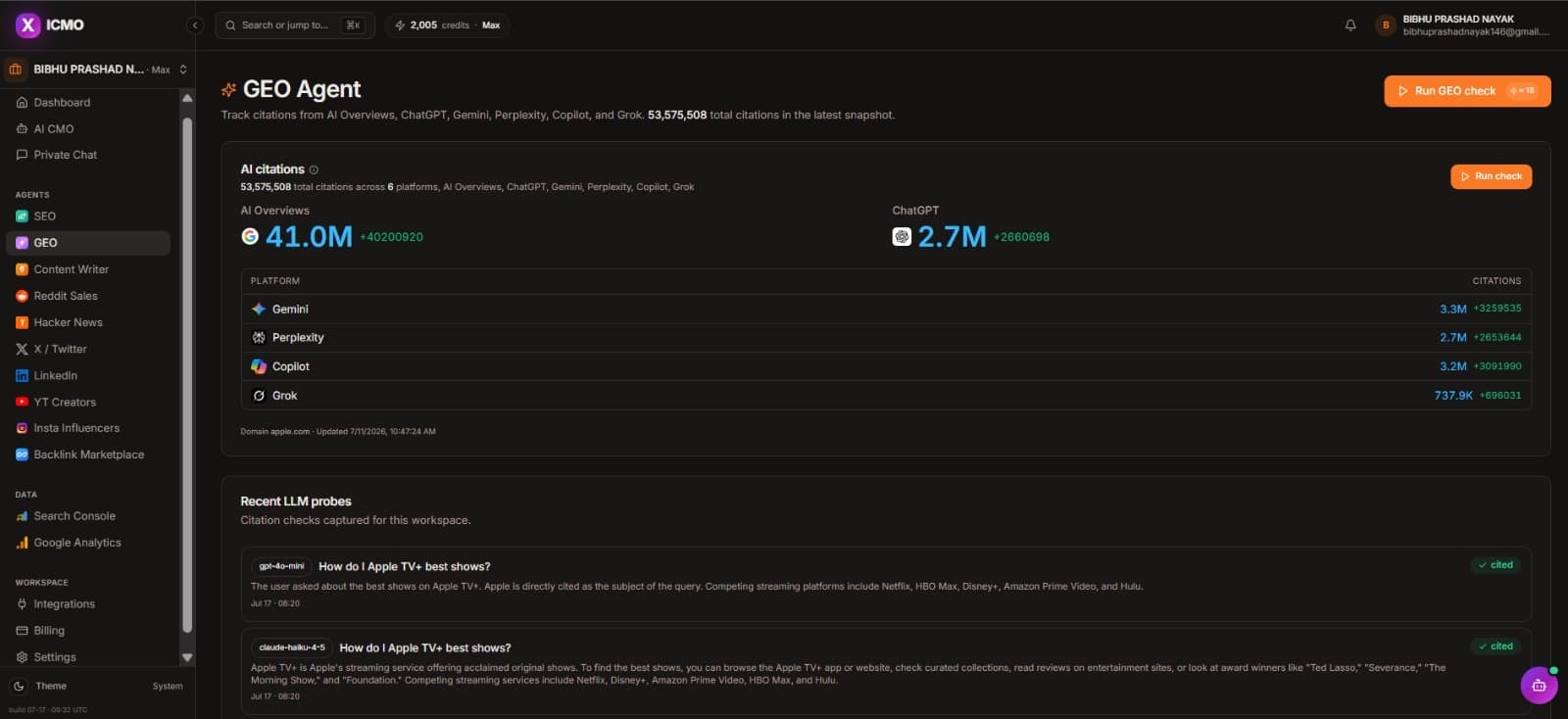 GEO Agent: AI citation tracking