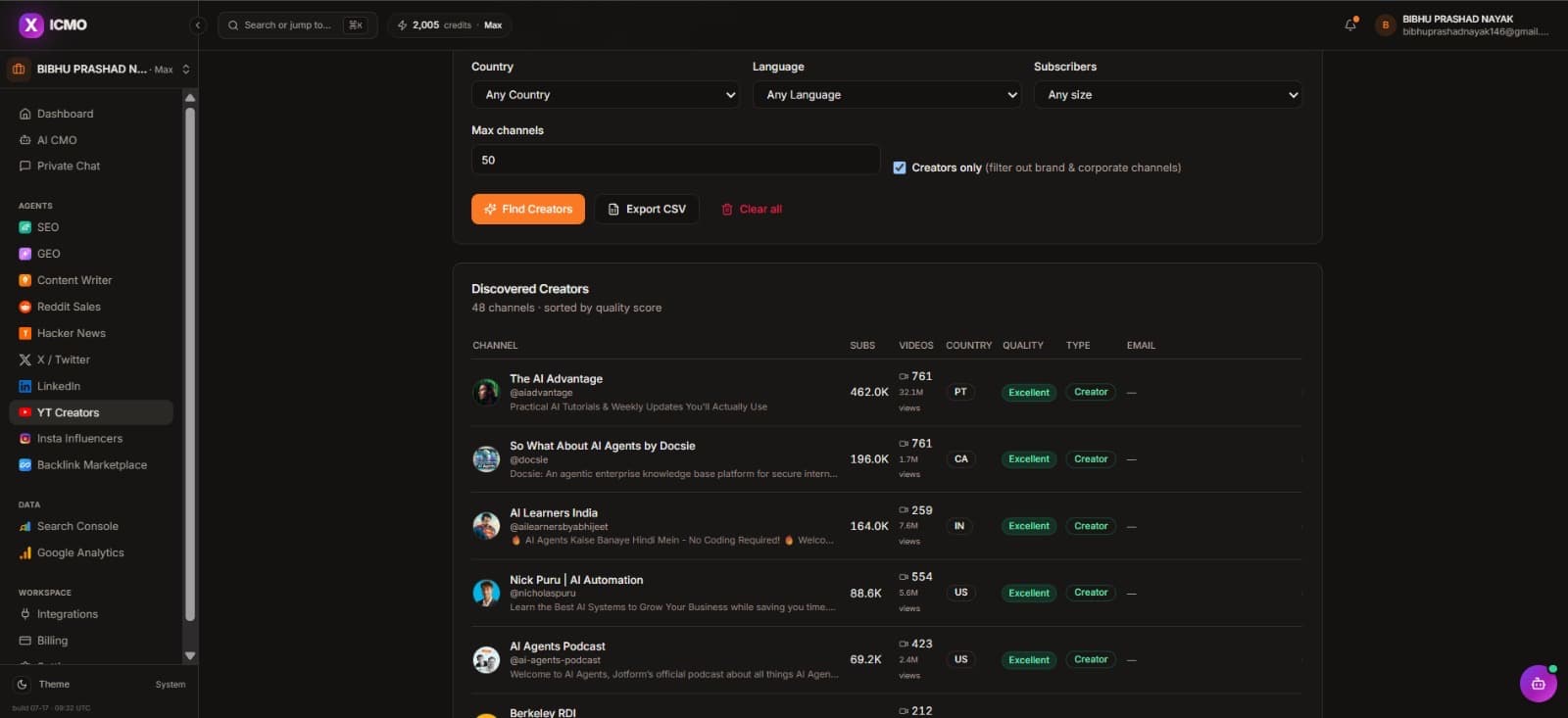 YouTube Creators: Creator shortlist